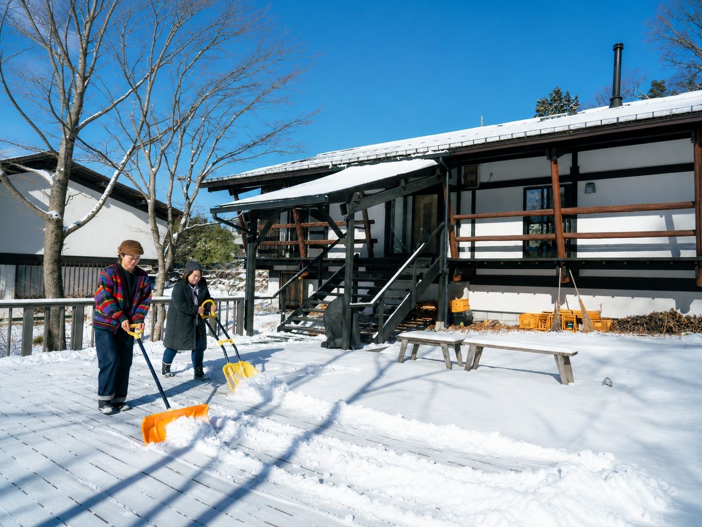 Um edifício com deck de madeira e chão coberto de neve.