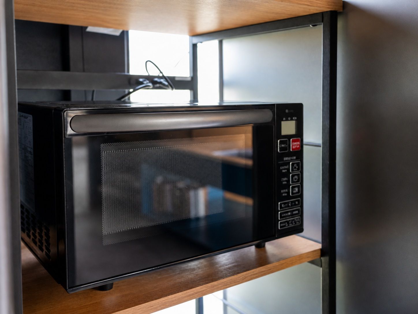 A black microwave oven on a wooden shelf.