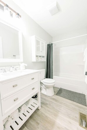 A bathroom with a white vanity, a toilet, a shower with a curtain, and a mirror above the vanity.