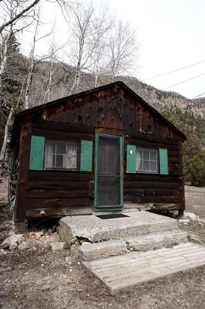Una cabana rústica amb façana de fusta, una porta verda i un petit porxo.