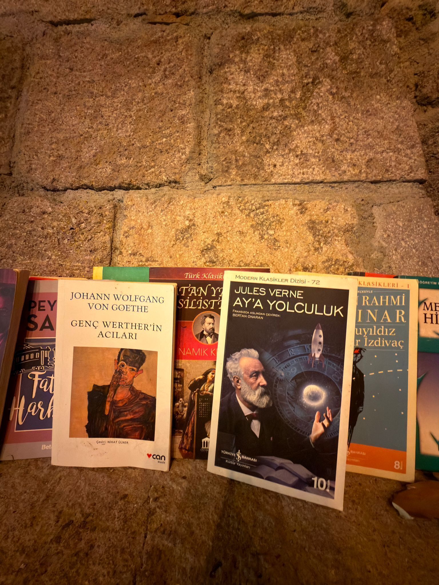 Una serie di libri su una parete strutturata.