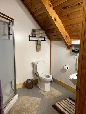Un baño con inodoro, lavamanos, ducha y techo de madera.
