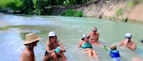 A group of people in a shallow river surrounded by greenery.