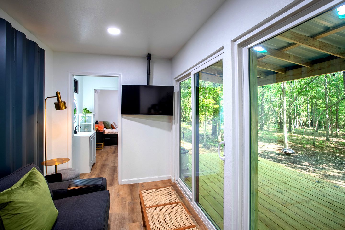 A modern interior with a sofa, a flat-screen TV, and a large sliding glass door leading to an outdoor deck.