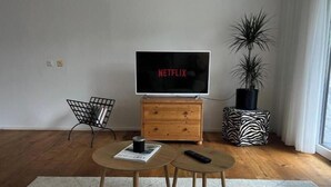 En stue med et fjernsyn, træmøbler, en plante og en puf med zebra-mønster.