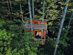 Ein Baumhaus-Chalet mit Holzfassade, kleinem Eingang und einem Fenster.