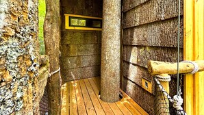 A wooden interior with a wooden floor, a window, and a rope barrier.