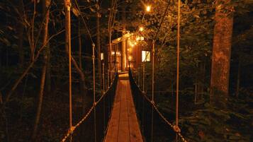 Un puente colgante de madera en un área boscosa con luces de adorno.