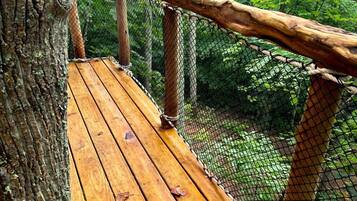Un puente de madera con barandilla de malla, rodeado de árboles y vegetación.