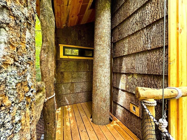 Un intérieur en bois, avec un plancher en bois, une fenêtre et une barrière faite de cordes.