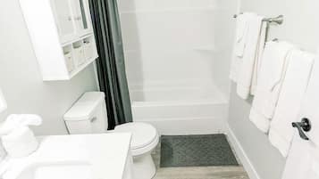 A bathroom with a toilet, shower, and sink.