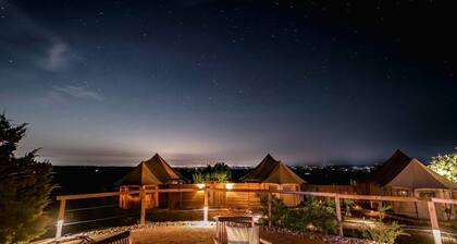 Scenic Hill Country Safari Tent Retreat with Hot Tub near Lake Travis in Marble Falls, Texas