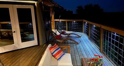 Scenic Hill Country Safari Tent Retreat with Hot Tub near Lake Travis in Marble Falls, Texas