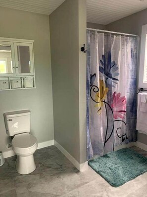 Hair dryer, towels, soap, shampoo