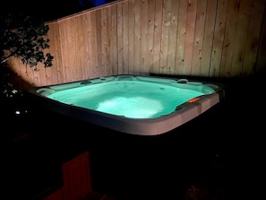Ein Whirlpool mit einer Holterrasse und einem Baum im Hintergrund.