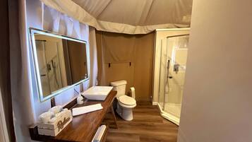 Hair dryer, towels, soap, shampoo