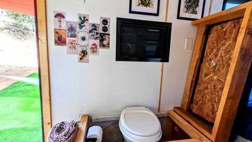 A compact bathroom with a toilet, a small trash bin, and a framed picture collection on the wall.
