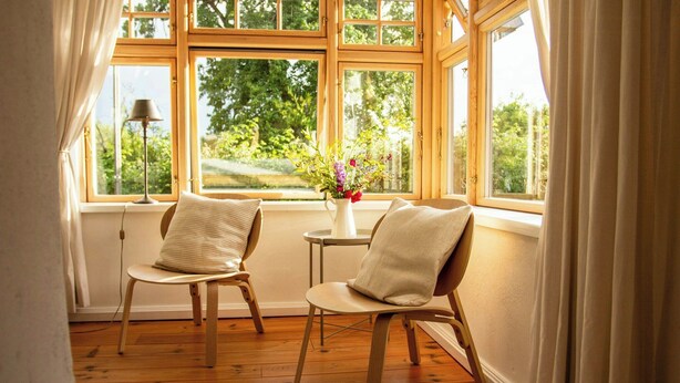 A room with two chairs by a window, a vase with flowers, and a lamp on a small table. - Idyllic country house between Hamburg and Berlin (Langen Jarchow)