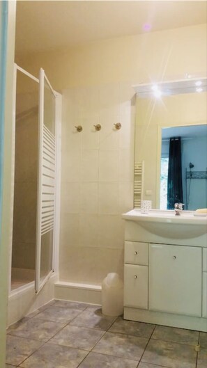 Douche, serviettes fournies, papier toilette