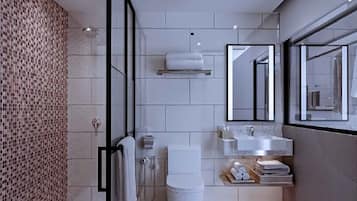 Shower, towels, soap, shampoo