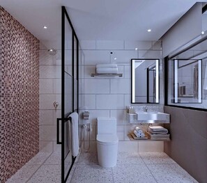 Buồng tắm vòi sen, khăn tắm, xà phòng, dầu gội 