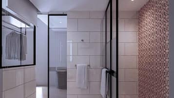 Shower, towels, soap, shampoo