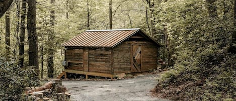 Une cabane en bois rustique, située dans une forêt, avec un chemin de gravier menant à l’entrée.