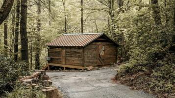 A rustic wooden cabin in a forest with a gravel path leading to it.