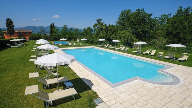 Ein Swimmingpool mit Liegestühlen und Sonnenschirmen, umgeben von Gras und Bäumen.