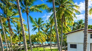 Un paisaje tropical con palmeras y un edificio blanco.