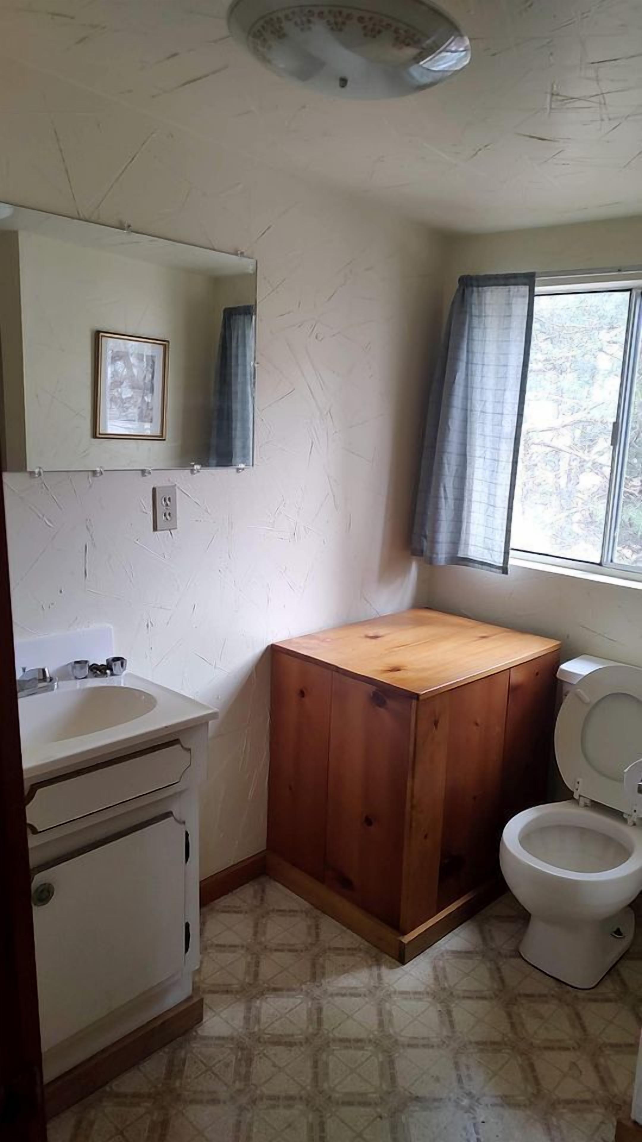 A small bathroom with a sink, mirror, wooden cabinet, toilet, and a window with curtains.