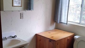 A small bathroom with a sink, mirror, wooden cabinet, toilet, and a window with curtains.
