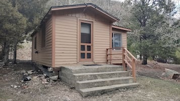 A small wooden cabin with a front door, a window, and a set of concrete steps leading up to a porch.