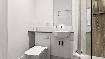 Shower, hair dryer, towels, shampoo