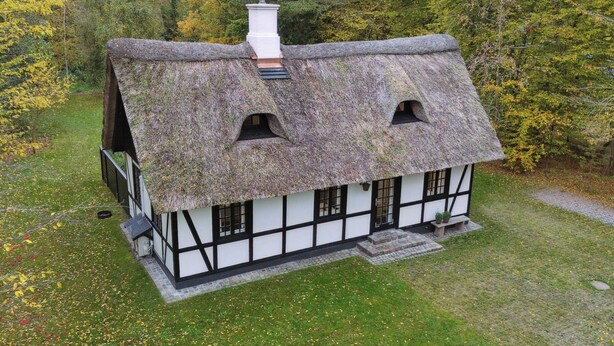 Ein traditionelles Reetdachhaus mit weißer Fassade und schwarzem Zierdekor, umgeben von einem grünen Rasen und Bäumen.