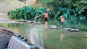Eine natürliche Wasserattraktion mit einem kleinen Wasserfall, umgeben von üppigem Grün.
