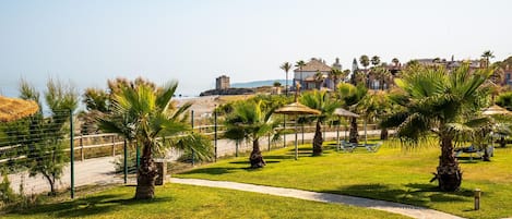 Un parque costero con senderos, palmeras y una estructura distante que parece un castillo.