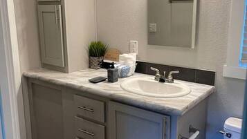 A bathroom with a sink, mirror, cabinet, and toilet.