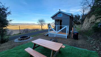 A small cabin with a porch, a picnic table, and a fire pit.