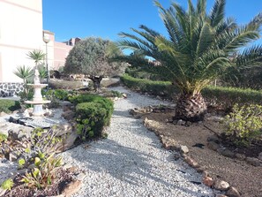 A garden pathway with a fountain, palm trees, and various shrubs. - Casa Helgar in Gran Alacant, Beautiful Sun Set Views & Perfectly Located (Santa Pola)