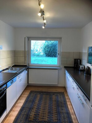 A modern kitchen with a window, built-in appliances, and a patterned rug. - Idyllische Whng Mitten in der Natur "haus Magnolia (Fischbachtal)