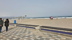 Una playa con un paseo empedrado que conduce a la orilla, un área de estar cubierta y el océano al fondo.