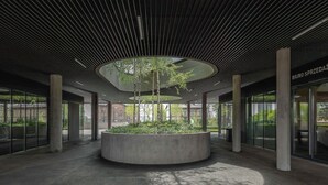 Um jardim em um vaso de concreto circular com árvores, cercado por paredes de vidro e pilares de concreto, sob um teto com ripas.
