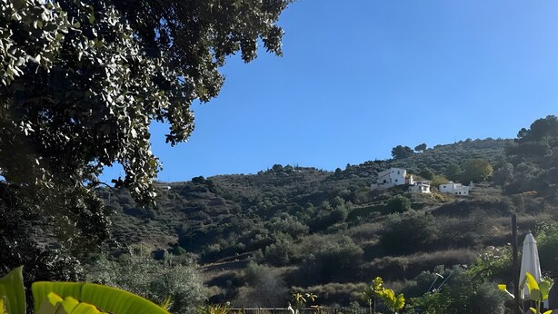 A pool area with a curved edge, a wooden bench, and a view of a hillside with buildings. - Boutique rural casita Paso Paso met adembenemend bergzicht en prachtig zwembad (Torrox)