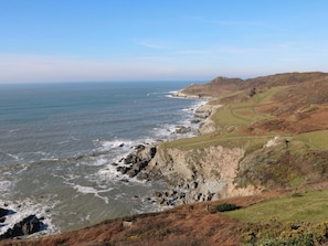 A coastal landscape with rocky cliffs, a grassy hillside, and a view of the ocean. - Belvedere (Woolacombe)