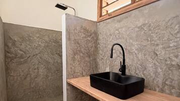 Comfort Double Room, Patio, Beach View | Bathroom | Shower, hair dryer, towels, soap