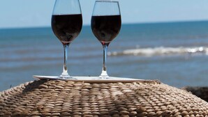 Dos copas de vino sobre una superficie tejida, con vista al océano y palmeras.
