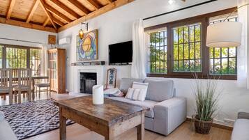 Televisión, chimenea, mesa de ping pong