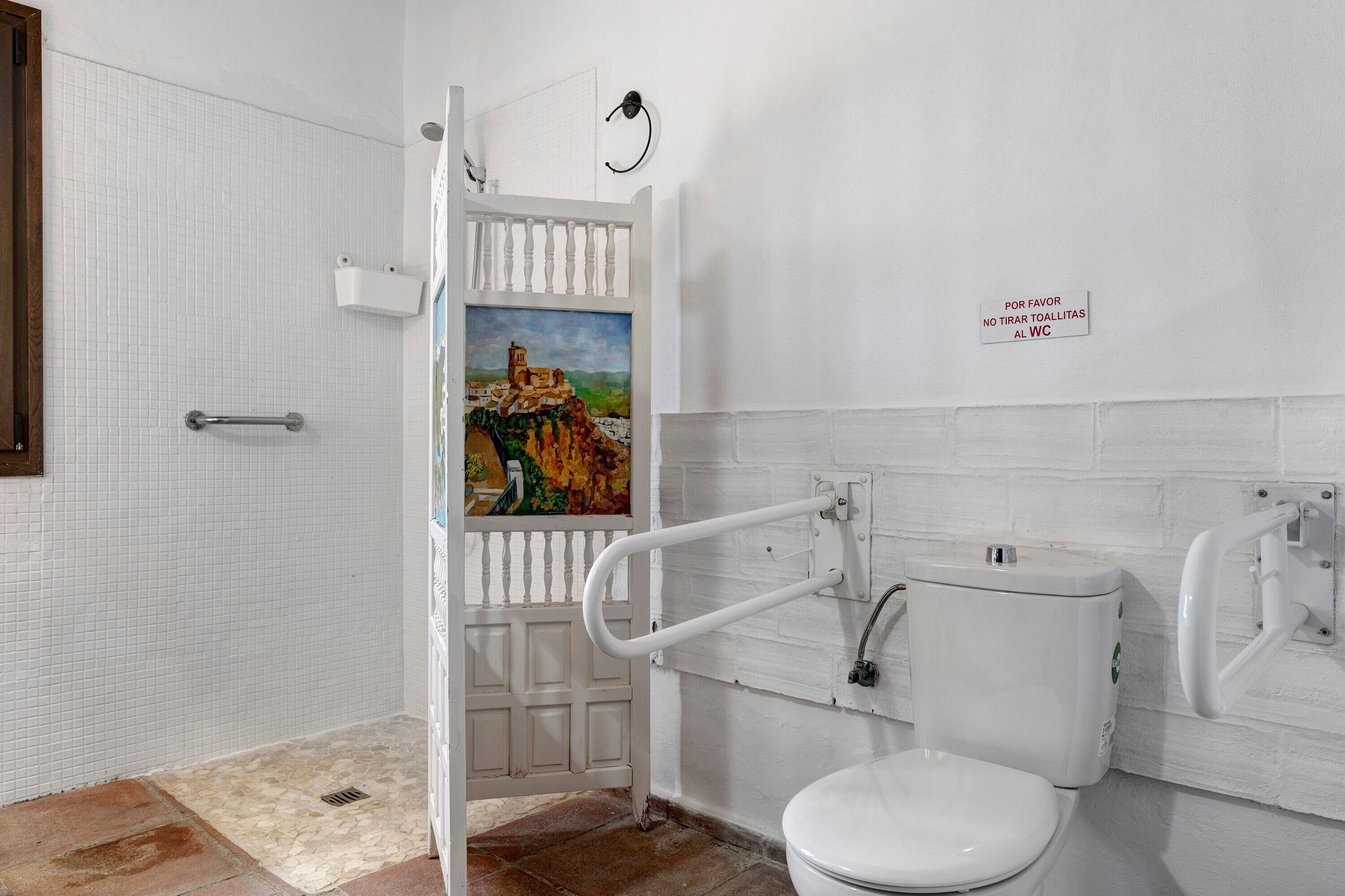 Een badkamer met een wit toilet, een douche met een witte deur en een schilderij aan de muur.