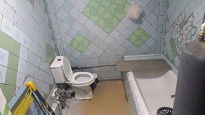 Une salle de bain comprenant des toilettes, une baignoire et un espace douche.